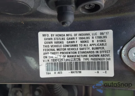 2017 Honda Civic Ex из США, поврежденный, VIN 19XFC2F73HE059726